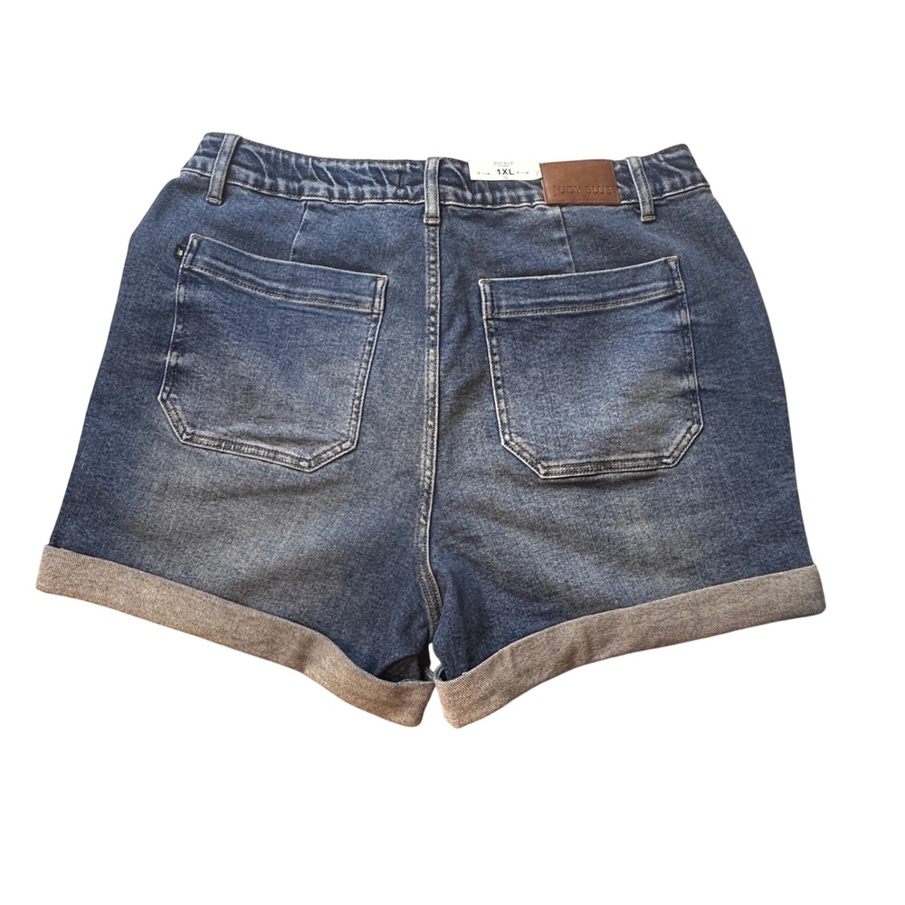 Judy Blue Denim Shorts Womens 1XL Blue High Waist Drawstring Cuffed JB150343 DK - Picture 2 of 10